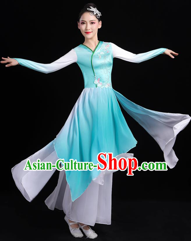 China Umbrella Dance Blue Dress Outfits Classical Dance Clothing Fan Dance Costume