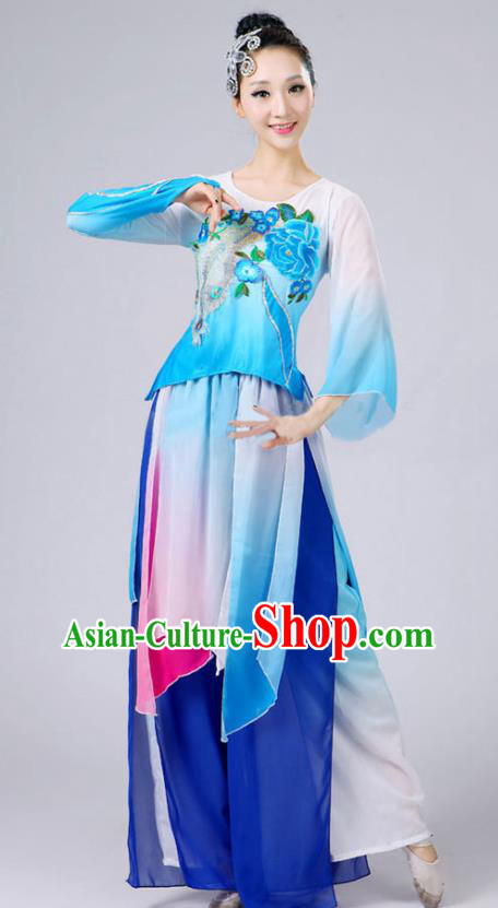 China Fan Dance Costume Umbrella Dance Blue Outfits Classical Dance Clothing