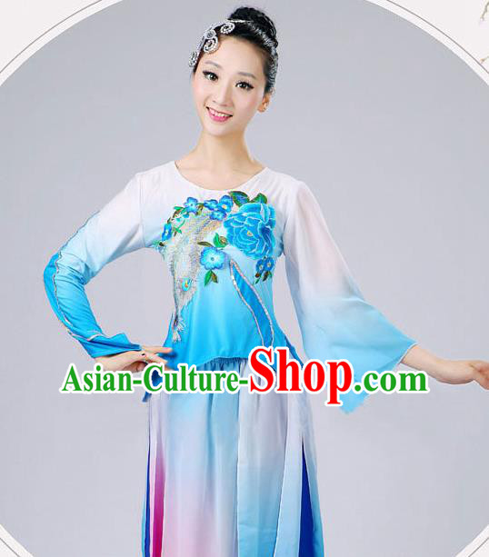 China Fan Dance Costume Umbrella Dance Blue Outfits Classical Dance Clothing