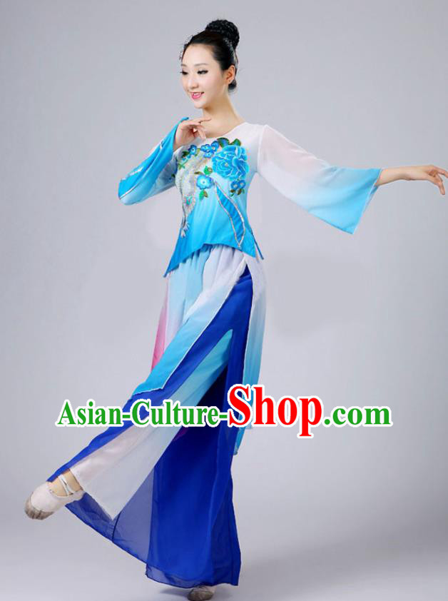 China Fan Dance Costume Umbrella Dance Blue Outfits Classical Dance Clothing