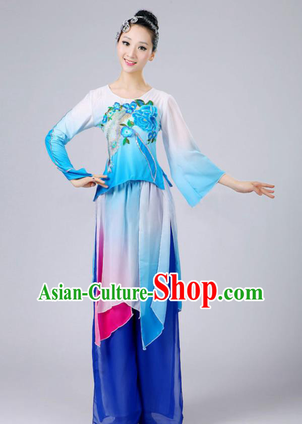 China Fan Dance Costume Umbrella Dance Blue Outfits Classical Dance Clothing