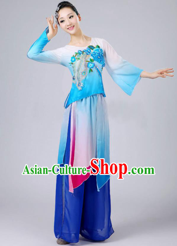 China Fan Dance Costume Umbrella Dance Blue Outfits Classical Dance Clothing