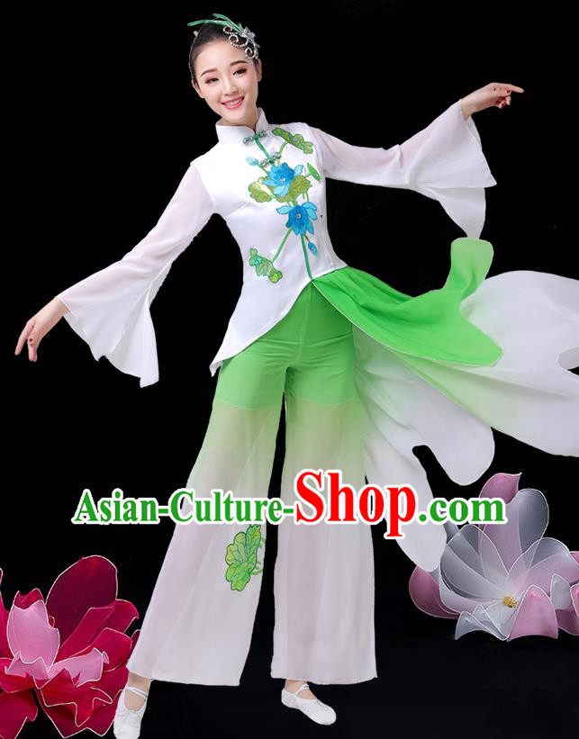 China Umbrella Dance Green Dress Outfits Classical Dance Clothing Jasmine Flower Dance Costume