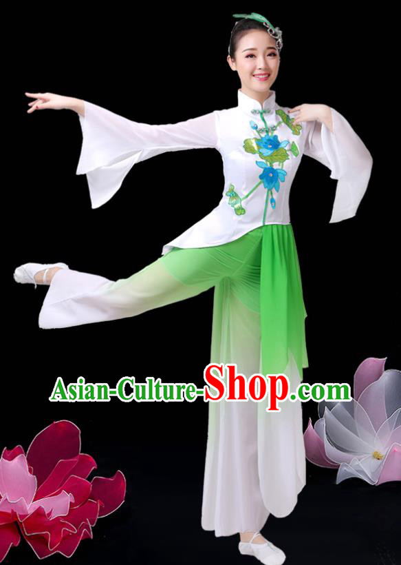 China Umbrella Dance Green Dress Outfits Classical Dance Clothing Jasmine Flower Dance Costume