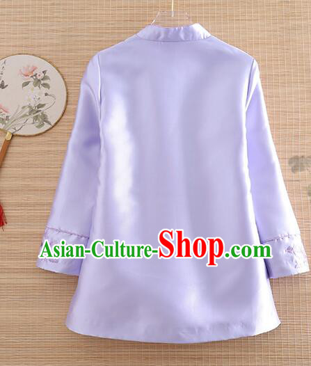 Chinese Traditional Cheongsam Blouse Light Purple Long Sleeves Shirt Embroidered Qipao Upper Outer Garment