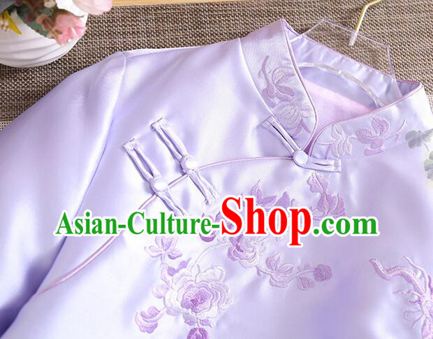 Chinese Traditional Cheongsam Blouse Light Purple Long Sleeves Shirt Embroidered Qipao Upper Outer Garment