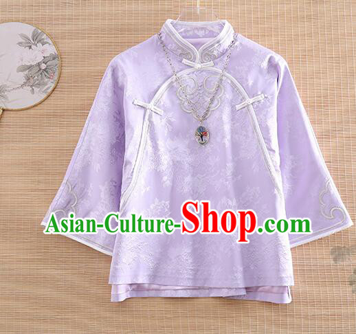 Chinese Embroidered Qipao Upper Outer Garment Traditional Cheongsam Blouse Light Purple Long Sleeves Shirt