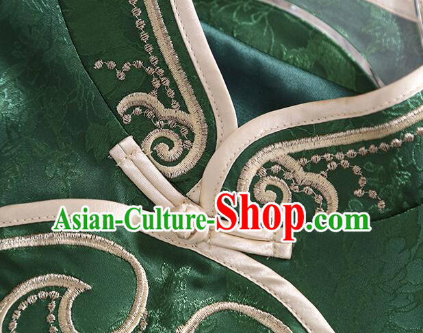 Chinese Deep Green Long Sleeves Shirt Traditional Cheongsam Blouse Embroidered Qipao Upper Outer Garment