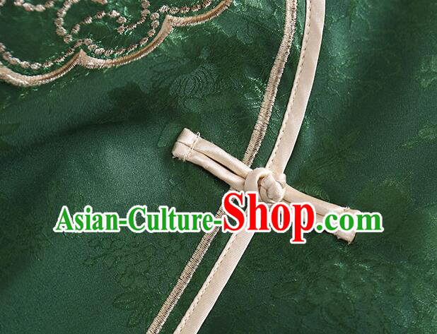 Chinese Deep Green Long Sleeves Shirt Traditional Cheongsam Blouse Embroidered Qipao Upper Outer Garment