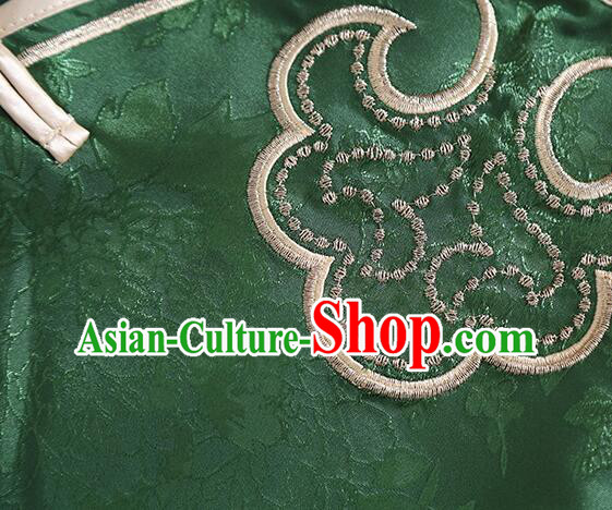 Chinese Deep Green Long Sleeves Shirt Traditional Cheongsam Blouse Embroidered Qipao Upper Outer Garment