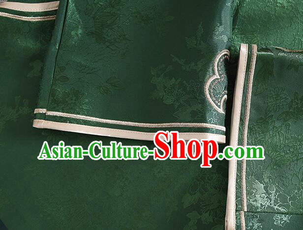 Chinese Deep Green Long Sleeves Shirt Traditional Cheongsam Blouse Embroidered Qipao Upper Outer Garment