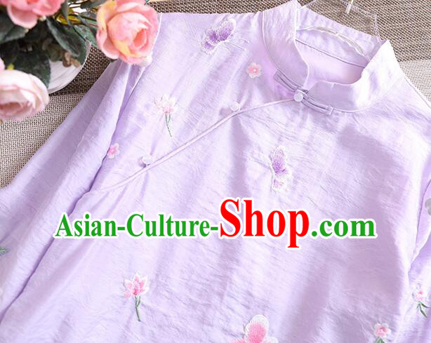 Chinese Qipao Upper Outer Garment Light Pink Tencel Shirt Traditional Cheongsam Embroidered Blouse