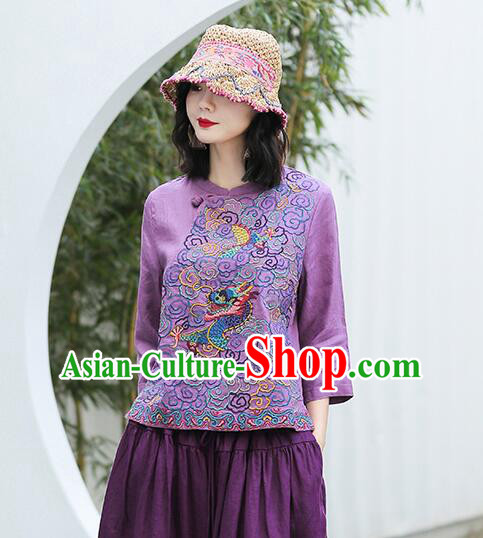 Chinese Traditional Cheongsam Blouse Qipao Upper Outer Garment Embroidered Purple Flax Shirt
