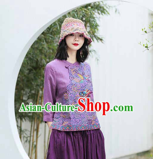 Chinese Traditional Cheongsam Blouse Qipao Upper Outer Garment Embroidered Purple Flax Shirt