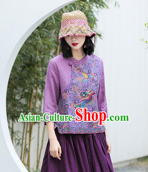 Chinese Traditional Cheongsam Blouse Qipao Upper Outer Garment Embroidered Purple Flax Shirt