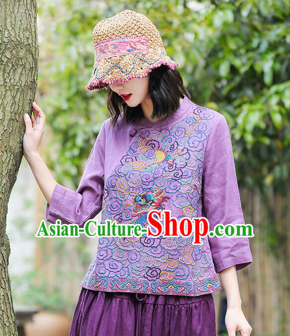 Chinese Traditional Cheongsam Blouse Qipao Upper Outer Garment Embroidered Purple Flax Shirt