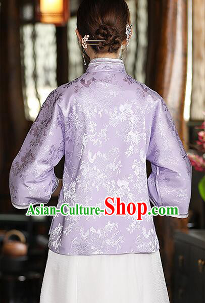 Chinese Jacquard Light Purple Shirt Traditional Cheongsam Blouse Qipao Upper Outer Garment