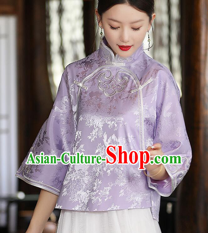 Chinese Jacquard Light Purple Shirt Traditional Cheongsam Blouse Qipao Upper Outer Garment
