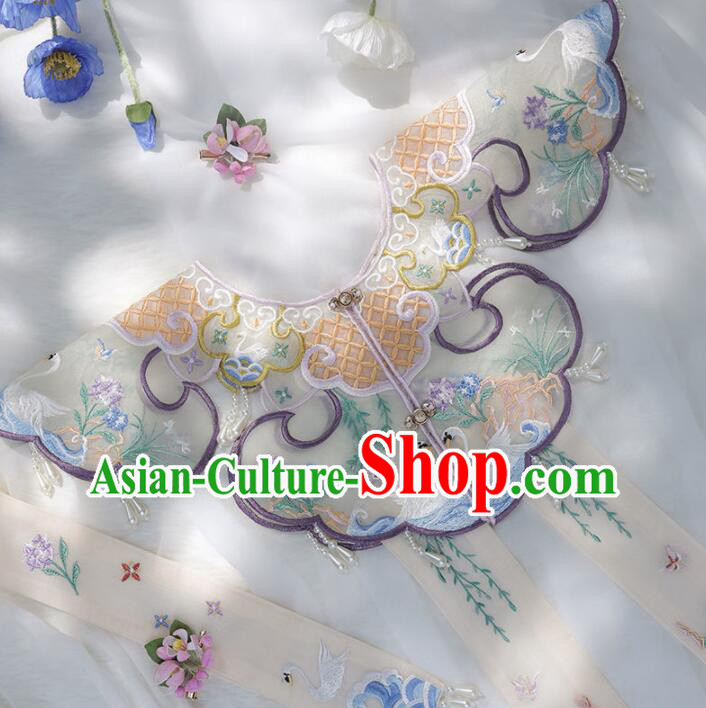 Chinese White Collar Yujian Cheongsam Cappa Traditional Necklace Accessories Ming Dynasty Embroidered Cloud Shoulder