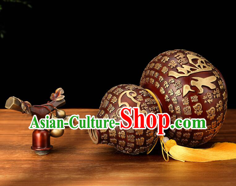 Chinese Brass Craft Lucky Wine Flagon Copper Water Bottle Handmade Carving Gourd Bottle