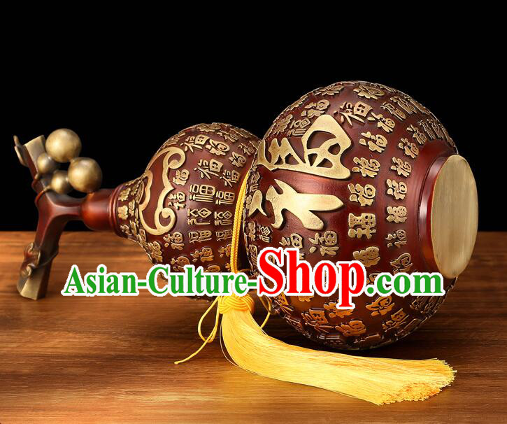 Chinese Brass Craft Lucky Wine Flagon Copper Water Bottle Handmade Carving Gourd Bottle