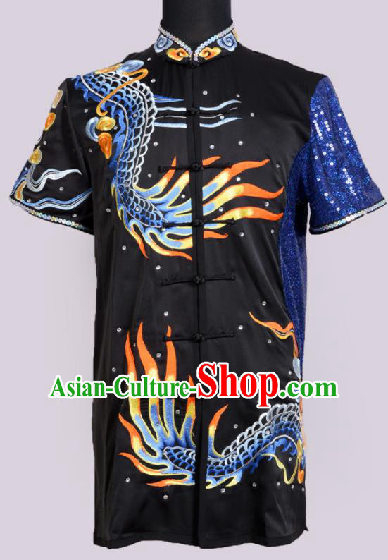 Best Kung Fu Costumes Traditional Competition Clothing Embroidered Dragon Black Outfit Martial Arts Changquan Uniforms