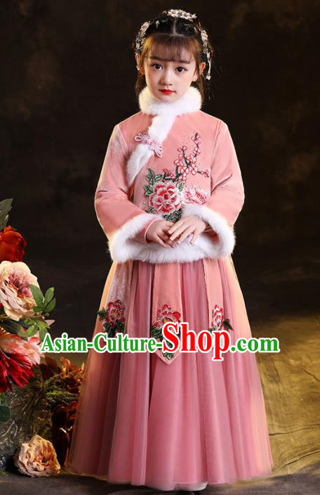 Chinese Stage Performance Garment Costumes Folk Dance Pink Dress Traditional New Year Clothing Children Winter Uniform