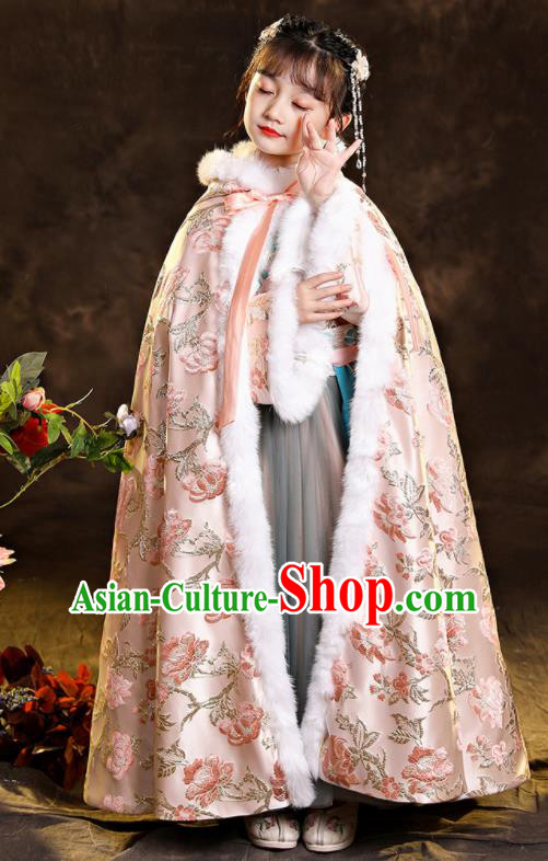 Chinese Ancient Princess Pink Long Cape Children New Year Clothing Classical Dance Costume Winter Embroidered Mantle