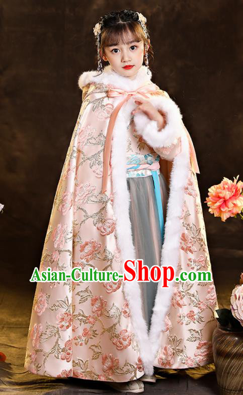 Chinese Ancient Princess Pink Long Cape Children New Year Clothing Classical Dance Costume Winter Embroidered Mantle