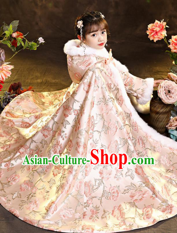 Chinese Ancient Princess Pink Long Cape Children New Year Clothing Classical Dance Costume Winter Embroidered Mantle
