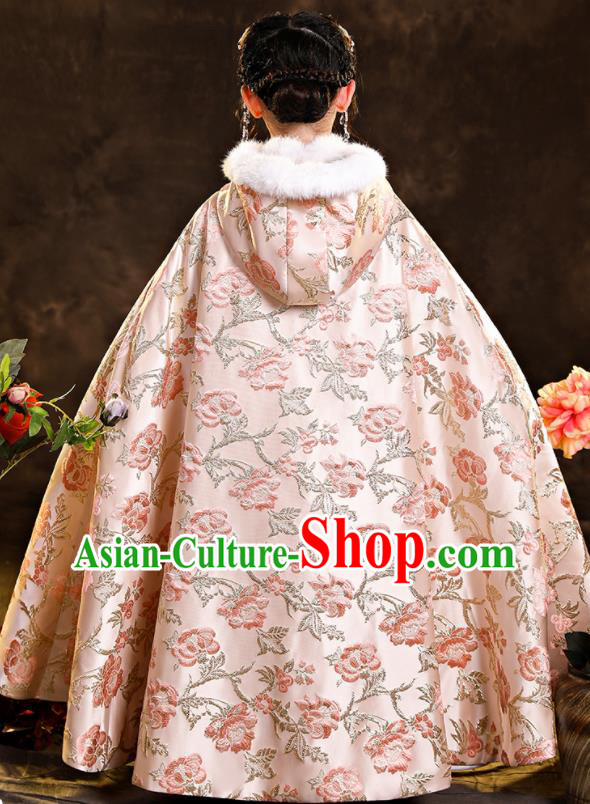 Chinese Ancient Princess Pink Long Cape Children New Year Clothing Classical Dance Costume Winter Embroidered Mantle