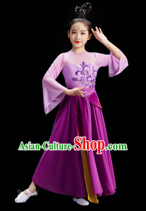 Chinese Stage Performance Purple Dress Fan Dance Garment Children Group Dance Clothing Umbrella Dance Costume
