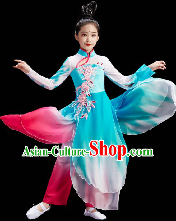 Chinese Fan Dance Uniform Children Group Dance Clothing Umbrella Dance Costume Stage Performance Blue Dress