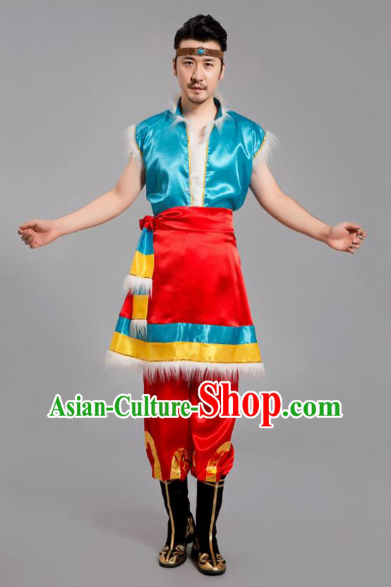 Chinese Ethnic Festival Costumes Tibetan Minority Folk Dance Clothing Zang Nationality Male Outfits