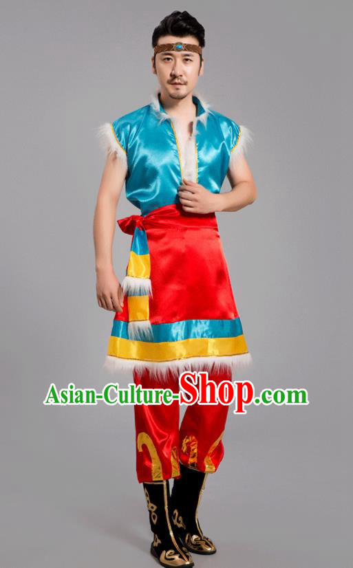 Chinese Ethnic Festival Costumes Tibetan Minority Folk Dance Clothing Zang Nationality Male Outfits