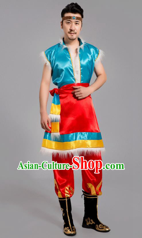 Chinese Ethnic Festival Costumes Tibetan Minority Folk Dance Clothing Zang Nationality Male Outfits