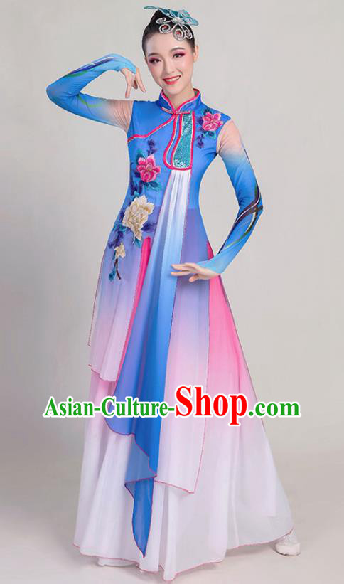 China Stage Performance Deep Blue Chiffon Clothing Umbrella Dance Attires Fan Dance Garment Costume Classical Dance Dress