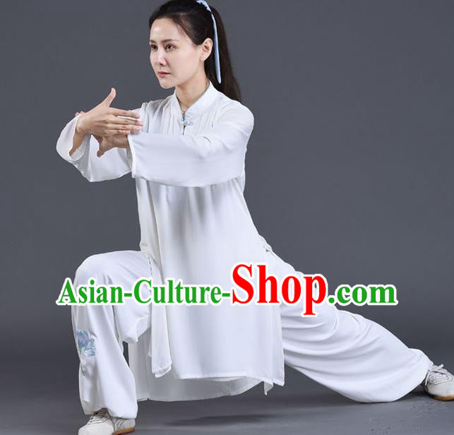 Chinese Traditional Shadow Boxing Embroidered Lotus Clothing Tai Chi Training Costumes Tai Ji Chuan Performance White Outfits