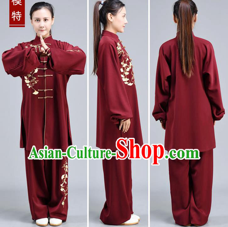 Chinese Tai Ji Chuan Training Maroon Outfits Traditional Embroidered Ginkgo Leaf Shirt and Pants Tai Chi Performance Clothing