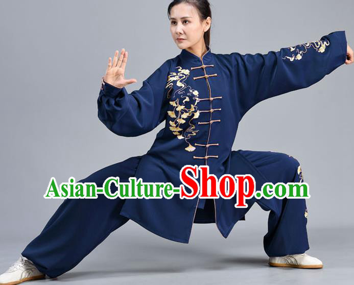 Chinese Traditional Embroidered Ginkgo Leaf Kung Fu Shirt and Pants Tai Chi Performance Clothing Tai Ji Chuan Training Midnight Blue Outfits