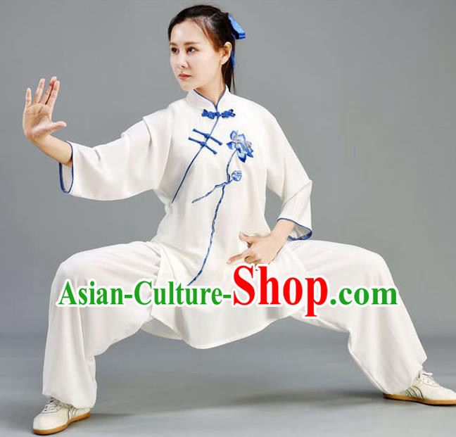 Chinese Tai Ji Performance White Outfits Traditional Kung Fu Garments Embroidered Lotus Linen Shirt and Pants Tai Chi Competition Clothing