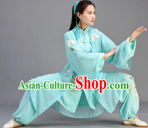 Chinese Embroidered Lotus Uniform Tai Chi Competition Clothing Tai Ji Performance Cyan Outfits Traditional Kung Fu Garments