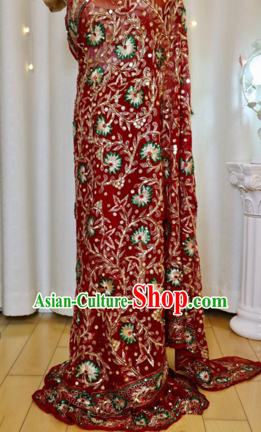 Indian Bride Embroidered Clothing Traditional Garment Costumes India Sari Red Wedding Dress