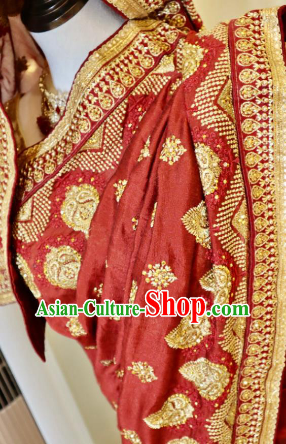 Indian Red Wedding Dress Bride Embroidered Clothing Traditional Garment Costumes India Sari