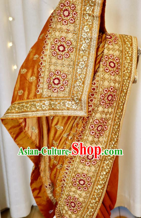 India Ginger Sari Asian Traditional Garment Costumes Indian Wedding Dress Bride Embroidered Clothing