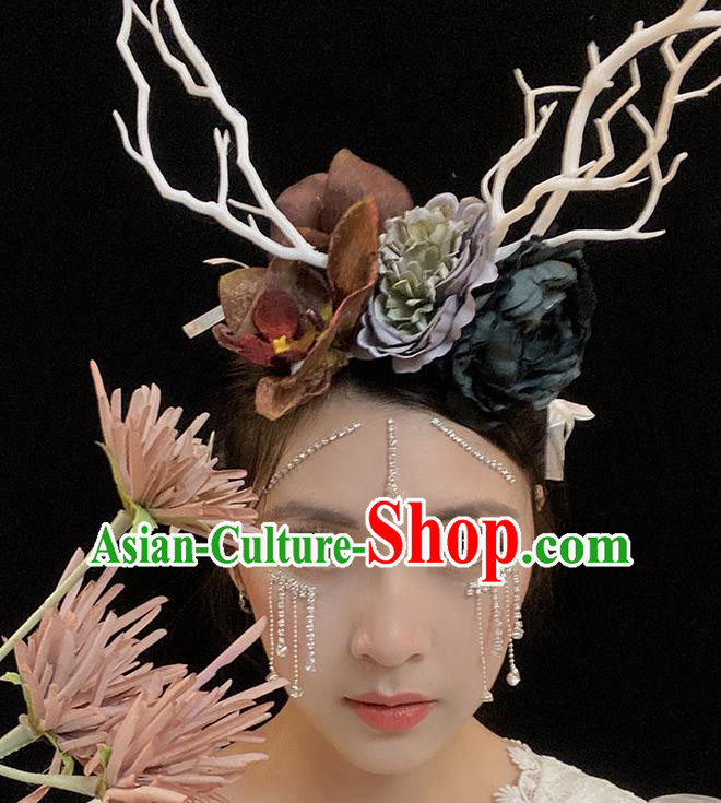 Handmade Branch Royal Crown Top Baroque Silk Flowers Headdress Party Headwear