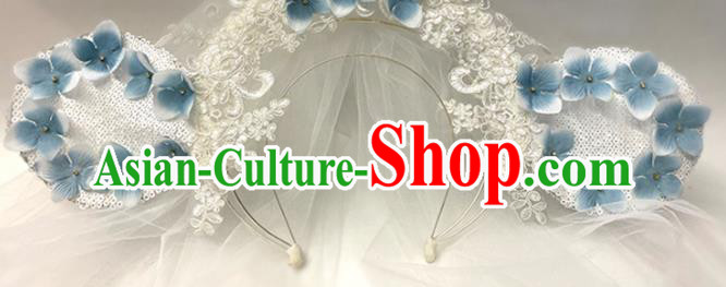 Handmade Blue Flowers Hair Clasp Headwear Baroque Style Lace Ears Headdress Party Royal Crown
