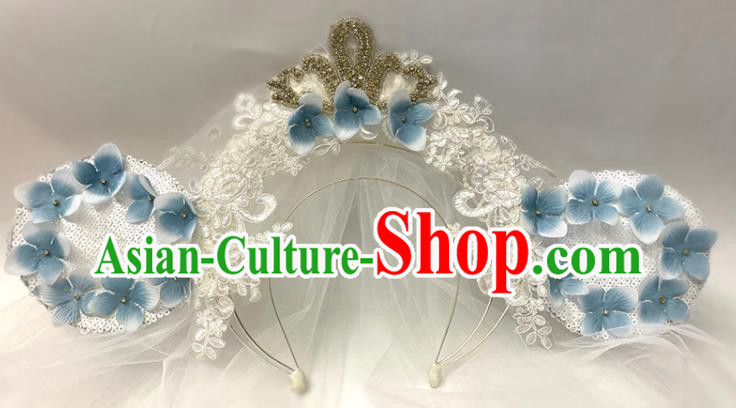 Handmade Blue Flowers Hair Clasp Headwear Baroque Style Lace Ears Headdress Party Royal Crown