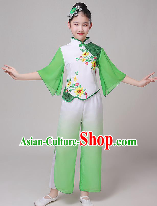 China Children Stage Performance Clothing Yangko Dance Green Uniform Fan Dance Garment Costume Folk Dance Dress