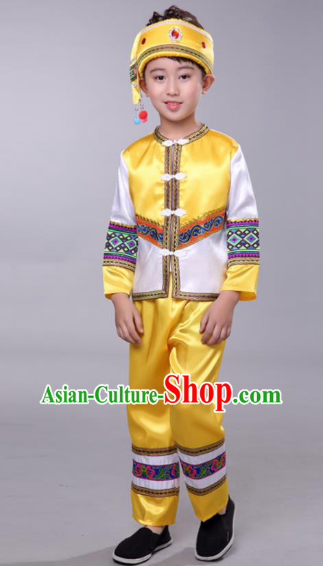 Chinese Yi Nationality Boy Yellow Outfits Ethnic Festival Costumes Tujia Minority Folk Dance Clothing